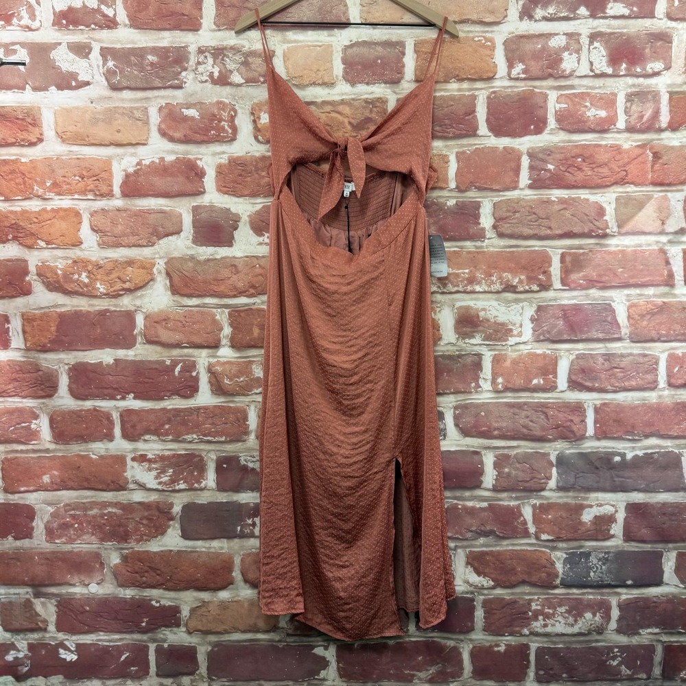 NSR Dress Women's XL Terracotta Brown Micro Dot Cut Out Satin Casual Sundress